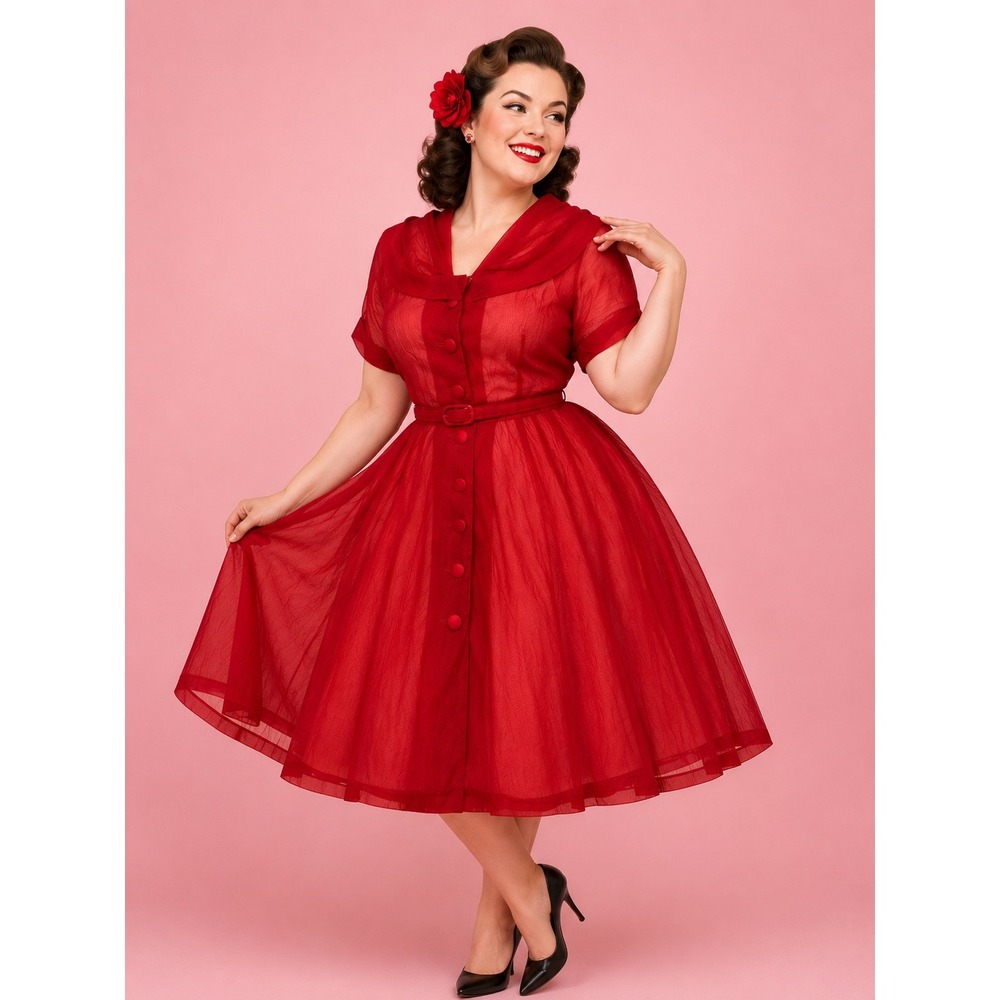 Vintage 1940s 1950s Red Crepe Plus Size 1X Rockabilly Portrait Collar Dress
